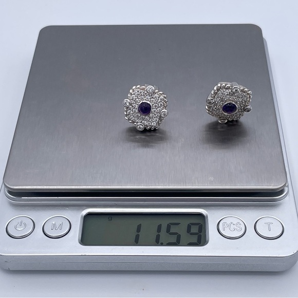 Judith Ripka Sterling Silver Amethyst Cabochon CZ Pave Chunky Studs Earrings 925 - Picture 5 of 7